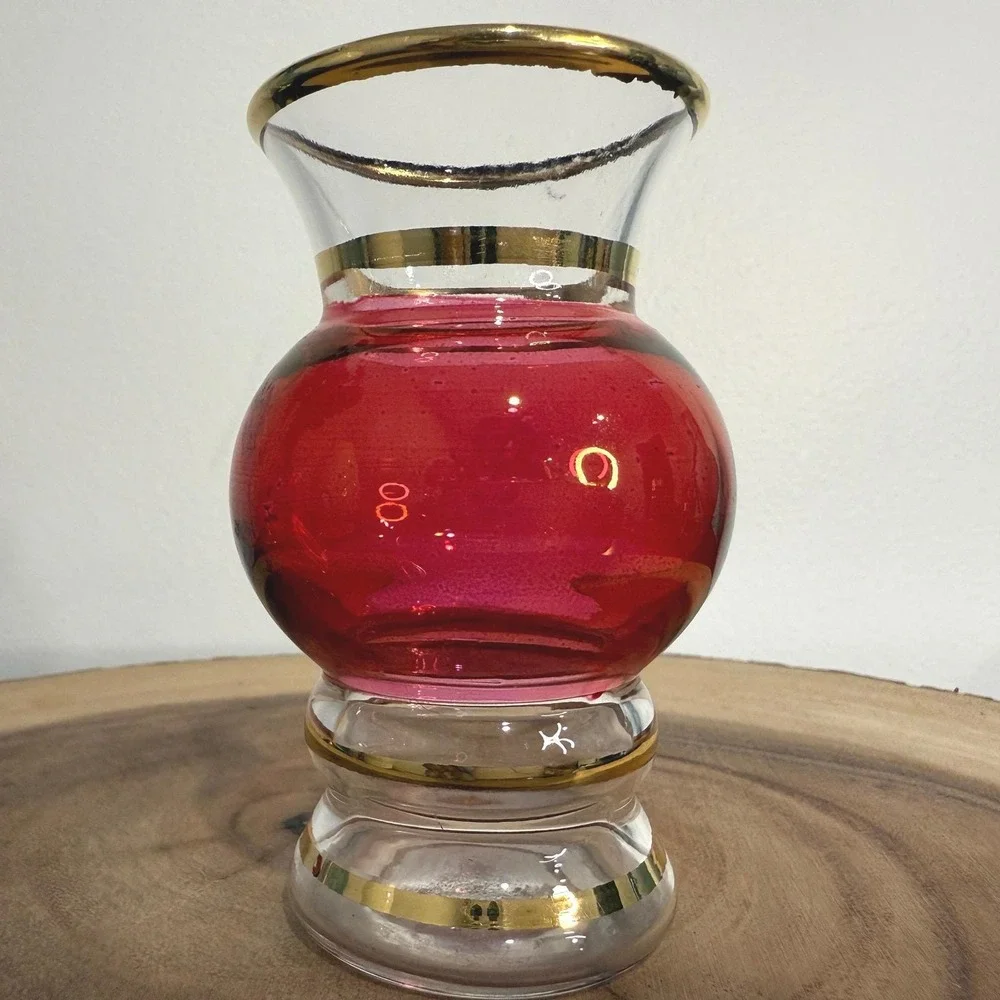 Vintage Cranberry Glass Bud Vase Gold Rim Small‎ Boho Decor Hollywood Regency